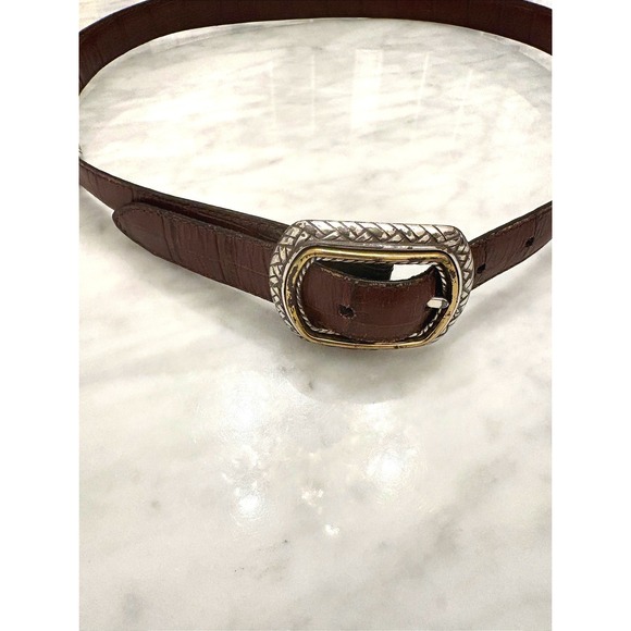 Vintage Reversible Leather Belt Western Silver Gold Hardware Brown/Dark Brown 34 main image 4
